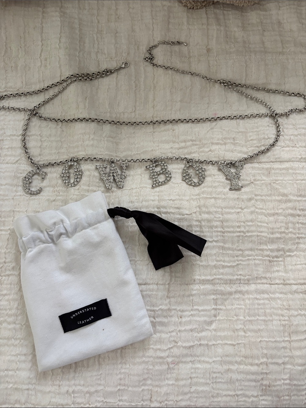 Understated leather Crystal 'COWBOY' Letter Chain Necklace - Silver